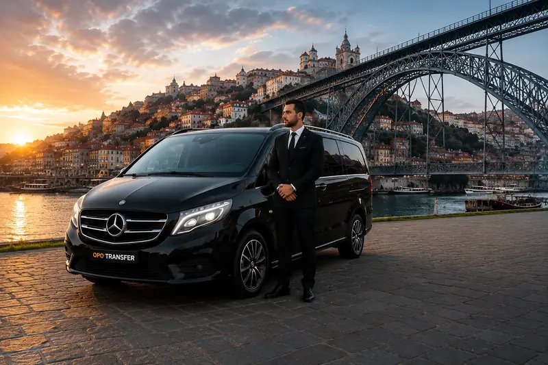 Motorista de transfer privado junto a uma carrinha no Porto, com a Ponte D. Luís I ao fundo