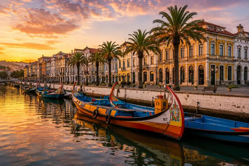 Barcos moliceiros coloridos na ria de Aveiro ao pôr do sol