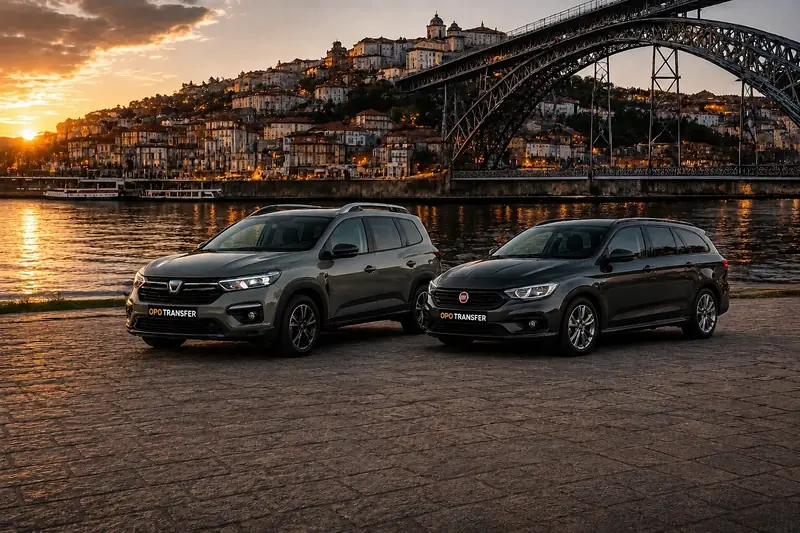 Viaturas de transfer privado estacionadas junto ao rio Douro, no Porto