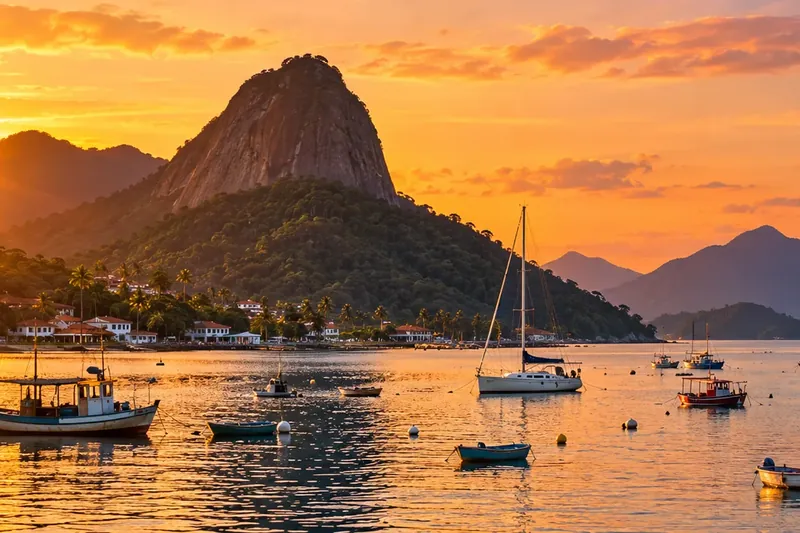Boats at sunset on the Costa Verde, near Angra dos Reis