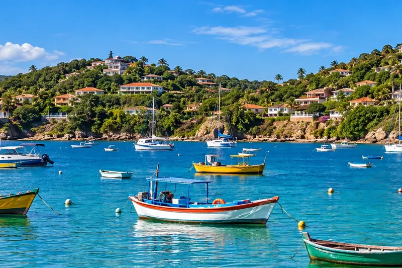 Colourful boats in the bay at Armação dos Búzios