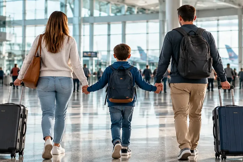 Family with a child and suitcases walking through the airport